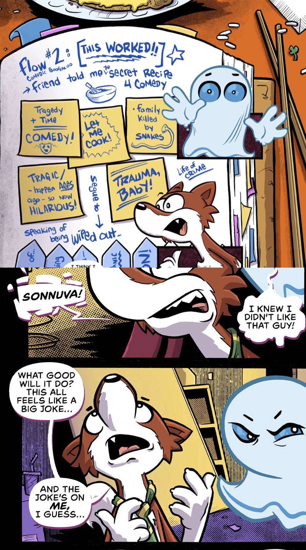 Witty's Joke Journal says Comedic Boogaloo above the later panel where Witty says the joke is on me