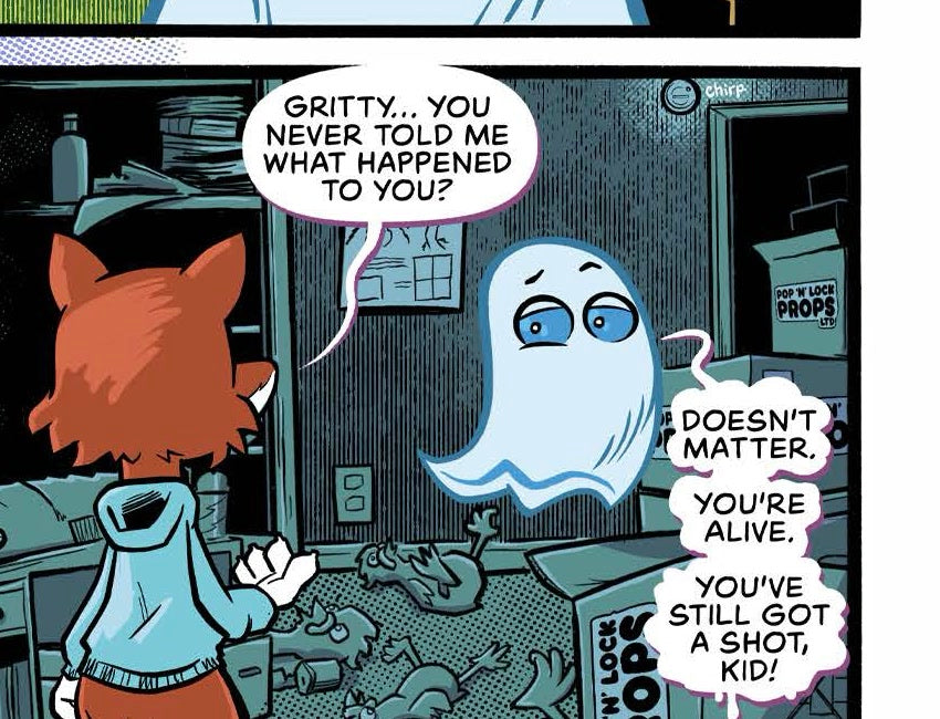 Witty Weasel and Gritty Ghost in their cluttered apartment beneath a smoke alarm with the tiny sound effect CHIRP