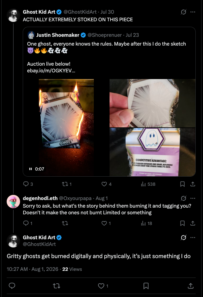 GhostKidArt X thread showing a burning Gritty Ghost card and GhostKid saying Gritty ghosts get burned digitally and physically