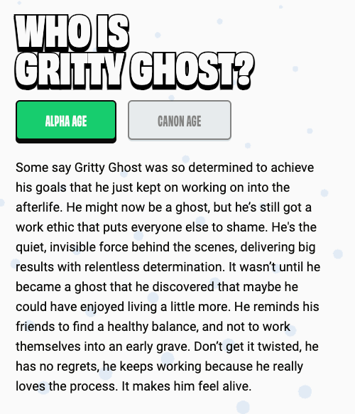 VeeFriends Alpha Age bio screenshot for Gritty Ghost describing his work ethic, afterlife, and warning against working into an early grave