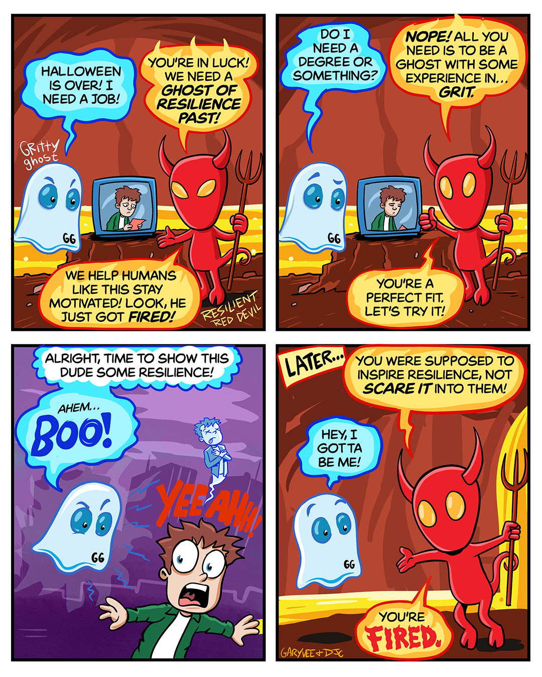 VeeFriends Job Opening webcomic from November 1 2024 showing Gritty Ghost trying to help someone who got fired from his job