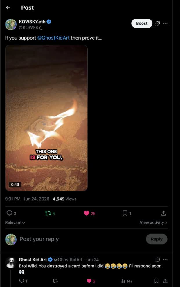 KOWSKY X video post showing a Gritty Ghost card burning for GhostKidArt with GhostKid saying he destroyed a card before GhostKid did