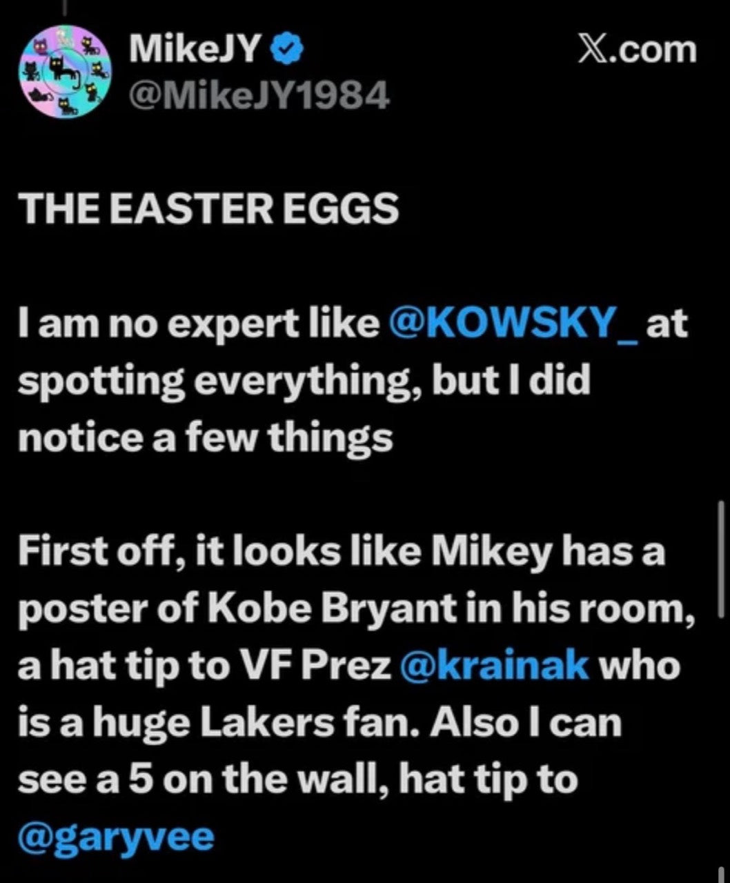 MikeJY X post pointing out the Kobe Bryant poster and number 5 in Mikey's room in VeeFriends Issue 01