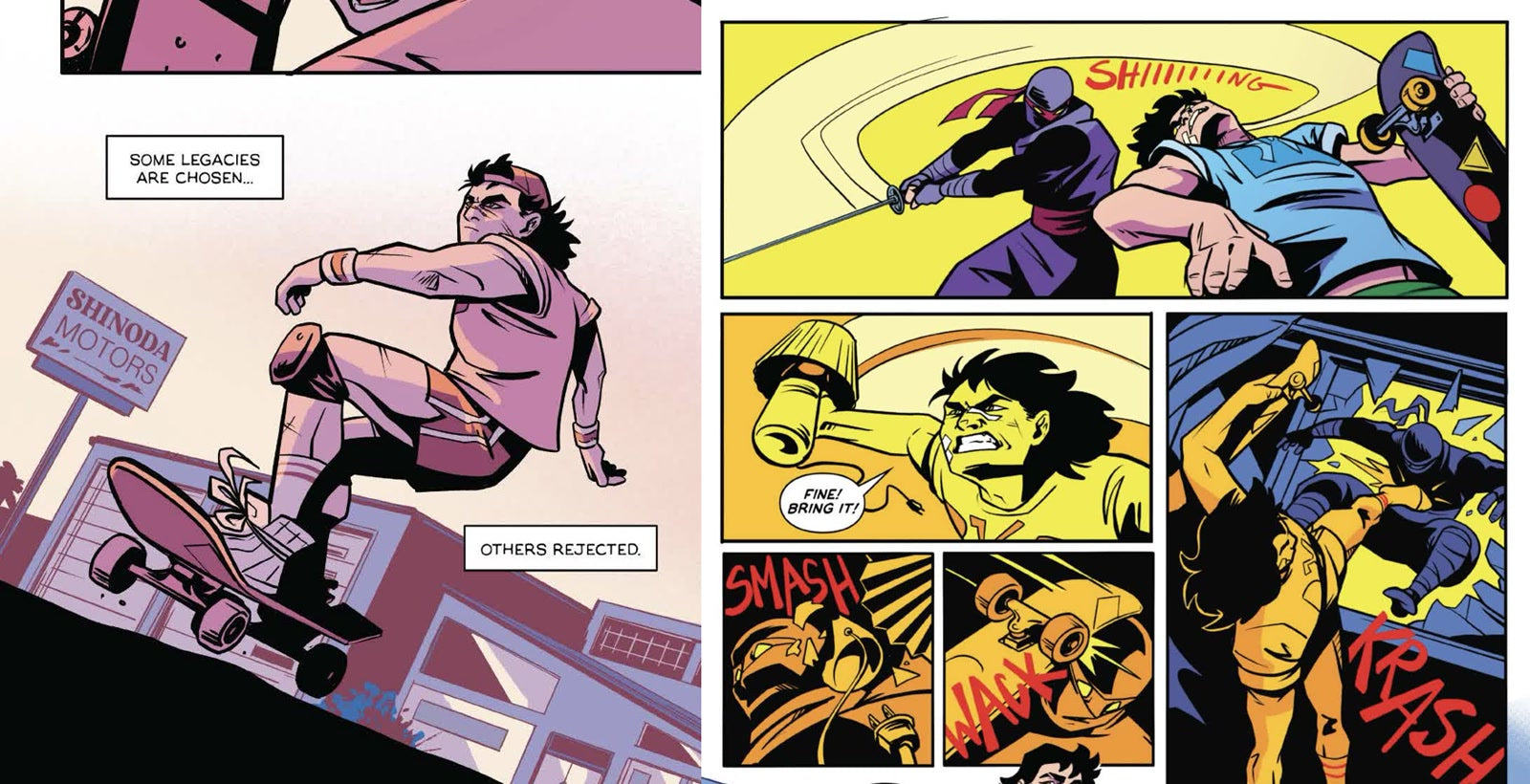 Renji Shinoda skateboarding beside Shinoda Motors and fighting a ninja with his skateboard in VeeFriends Issue 07