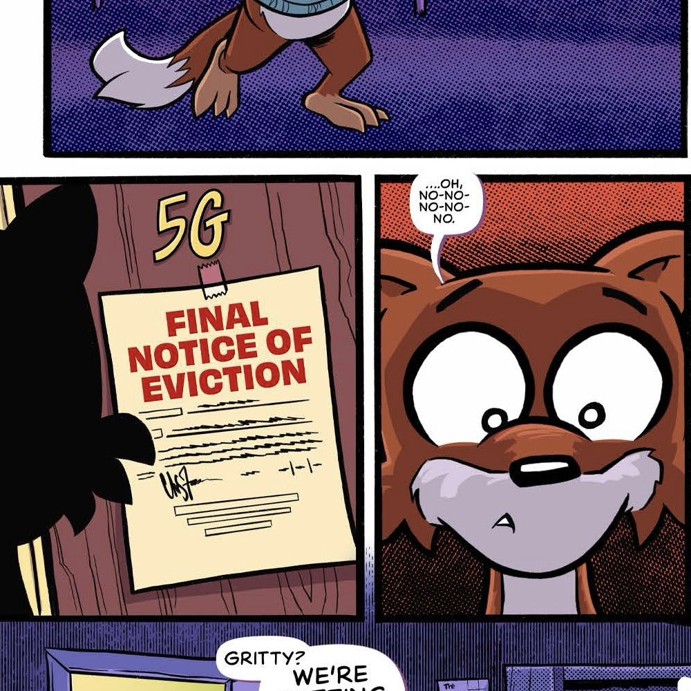 Apartment 5G eviction notice on Witty Weasel and Gritty Ghost's door in VeeFriends Issue 16