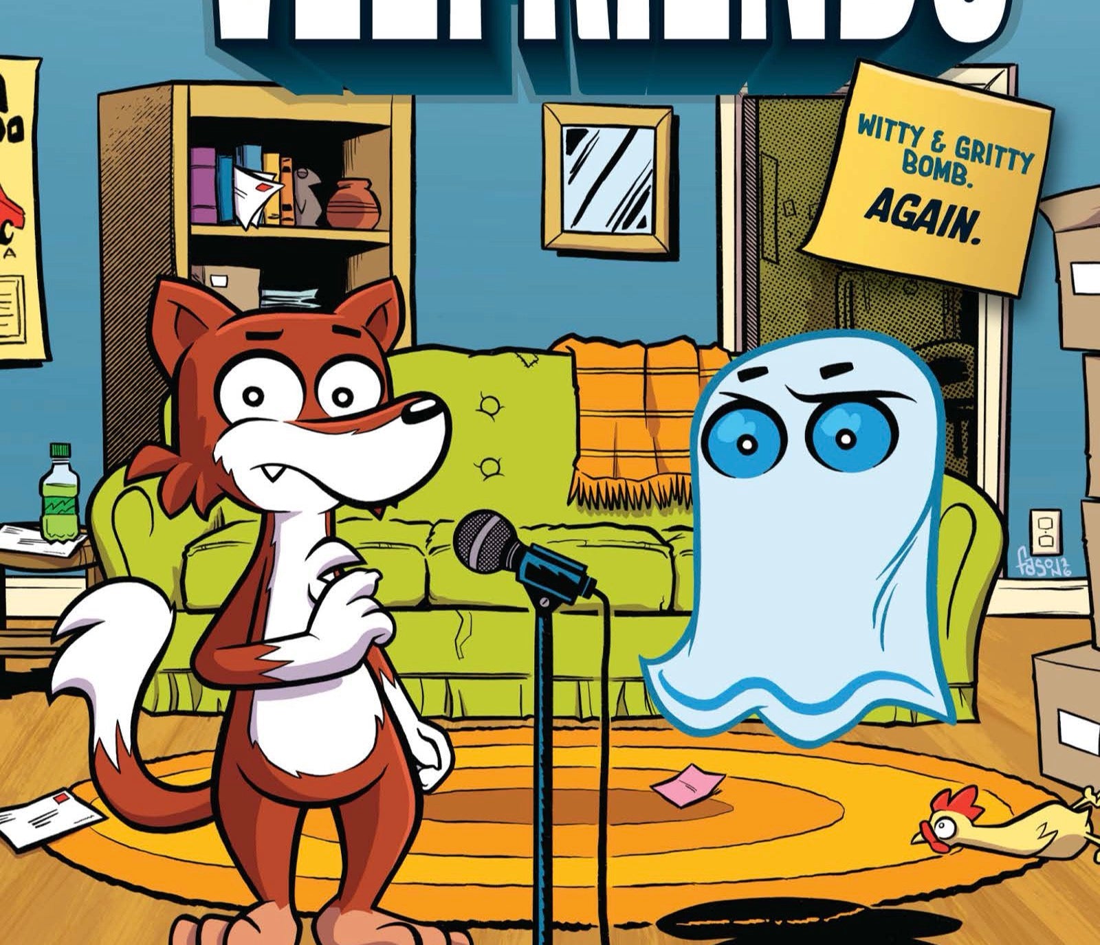 Cropped VeeFriends Issue 16 cover showing Witty Weasel, Gritty Ghost, the apartment details, mail, poster, microphone, and rubber chicken