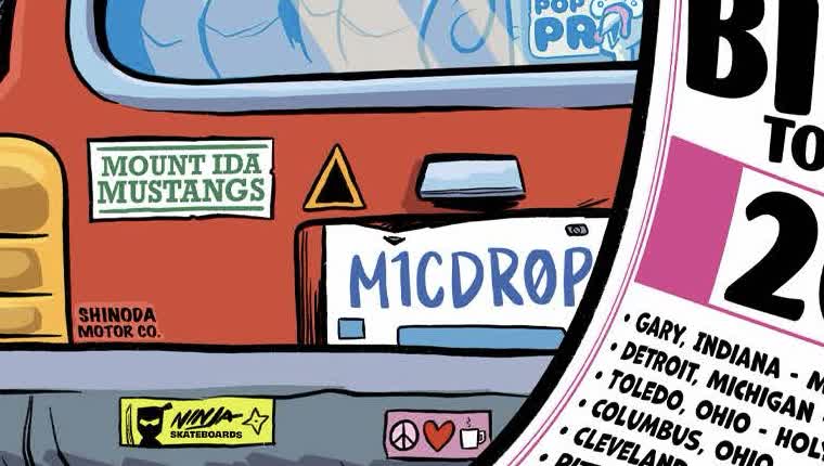 Mount Ida Mustangs bumper sticker and MICDROP license plate on Tokyo Joe's car in VeeFriends Issue 16