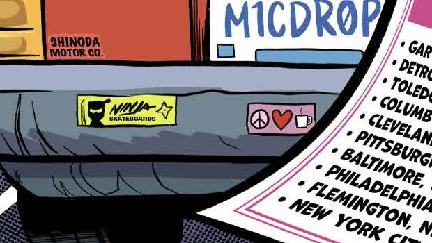 Ninja Skateboards and Shinoda Motor Co. stickers on Tokyo Joe's car in VeeFriends Issue 16