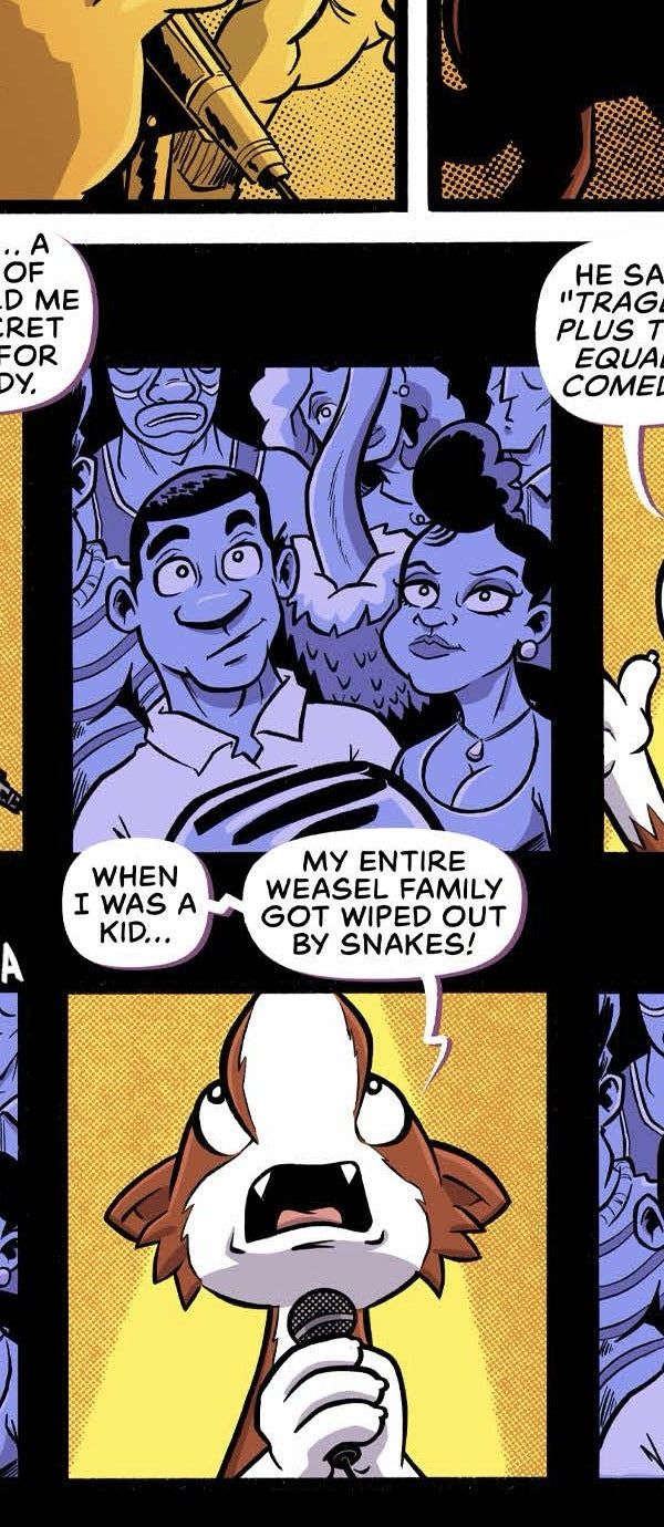 Open Mikes crowd with a wrestling-mask character and a possible Organized Ostrich cameo in VeeFriends Issue 16