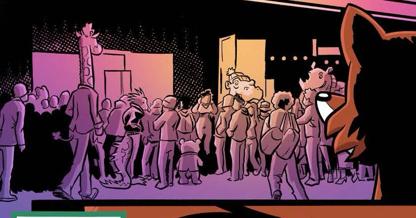 Tokyo Joe comedy crowd with possible VeeFriends cameos, an unidentified smaller animal character, and a human-sized iguana in VeeFriends Issue 16