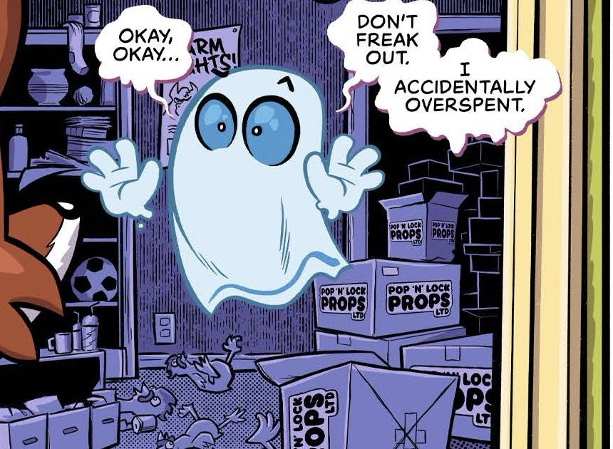 Pop N Lock Props boxes and a Farm Fights poster behind Gritty Ghost in VeeFriends Issue 16