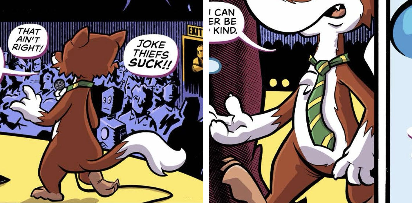 Possible robot in the Tokyo Joe audience and a shadowy figure with large yellow eyes that may reference Black Cat in VeeFriends Issue 16