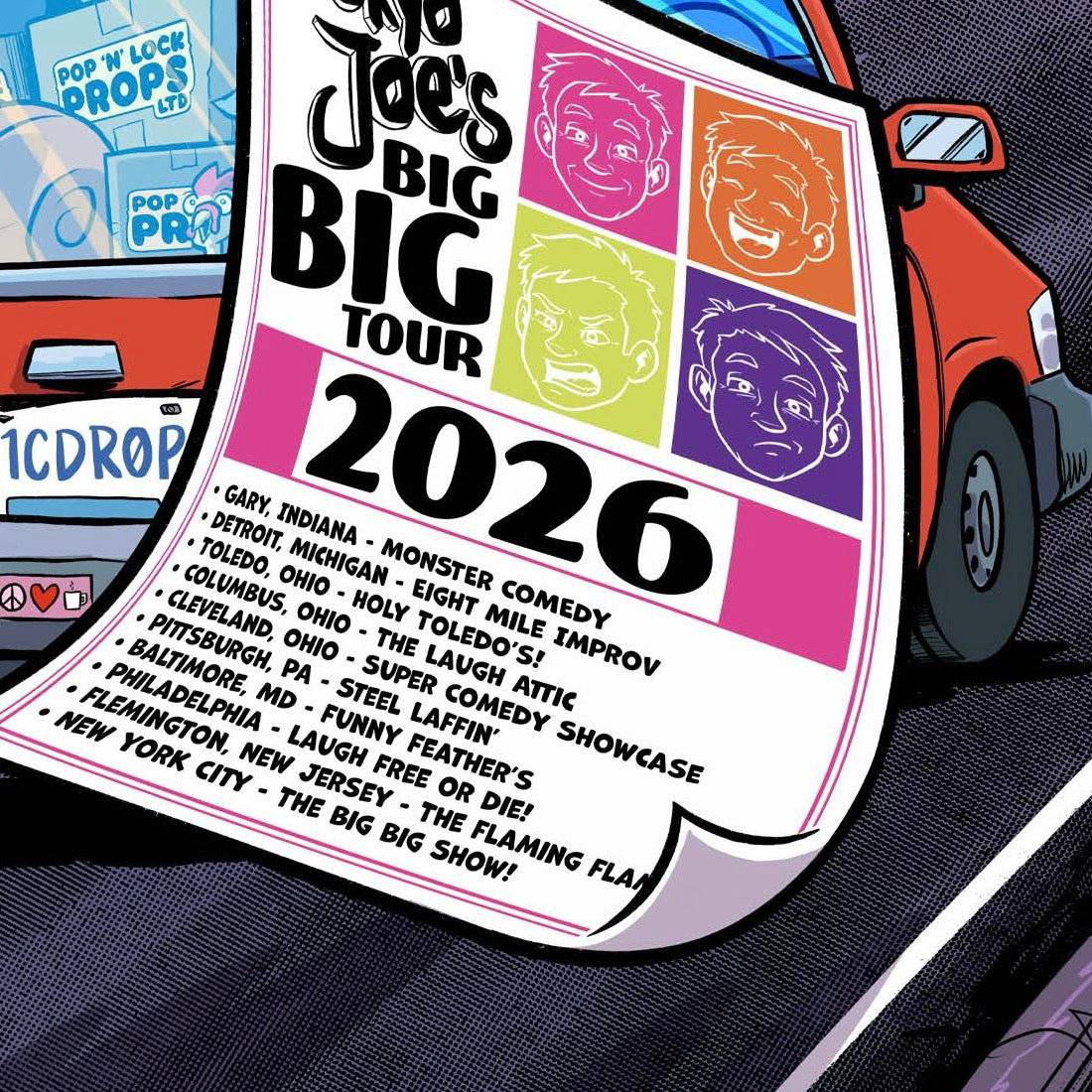 Tokyo Joe's ten-stop 2026 comedy tour poster listing city-specific fictional venues from Gary, Indiana to New York City